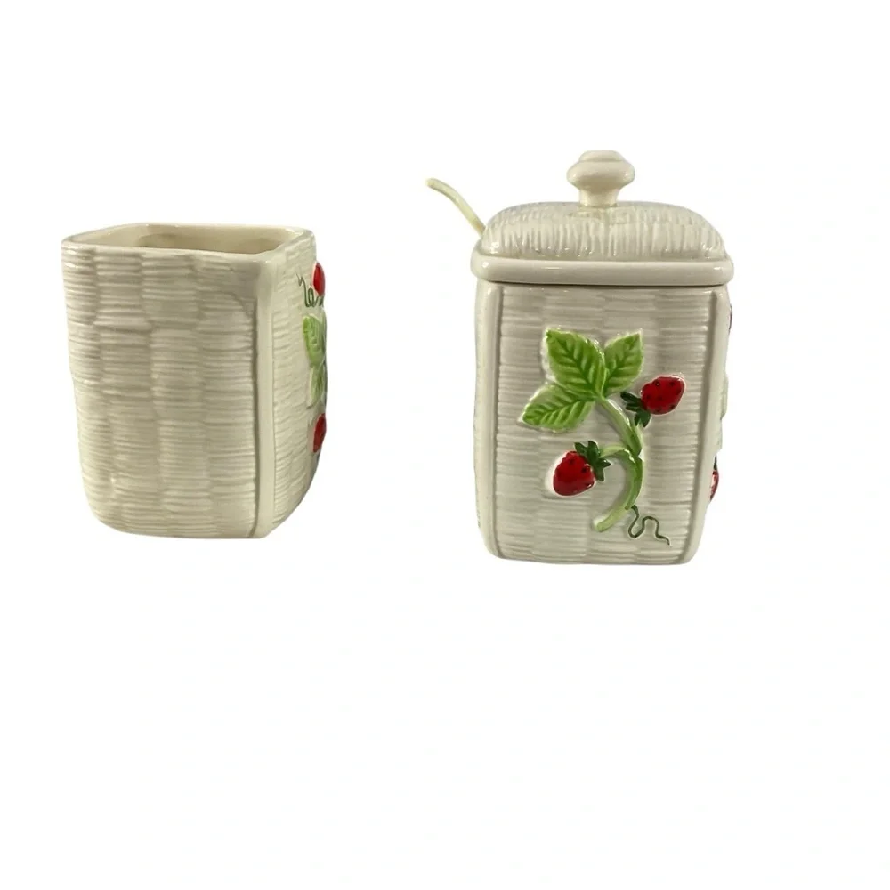 Vintage 1982 Otagiri Japan Strawberry Ceramic Creamer & Sugar Jar Set with Spoon